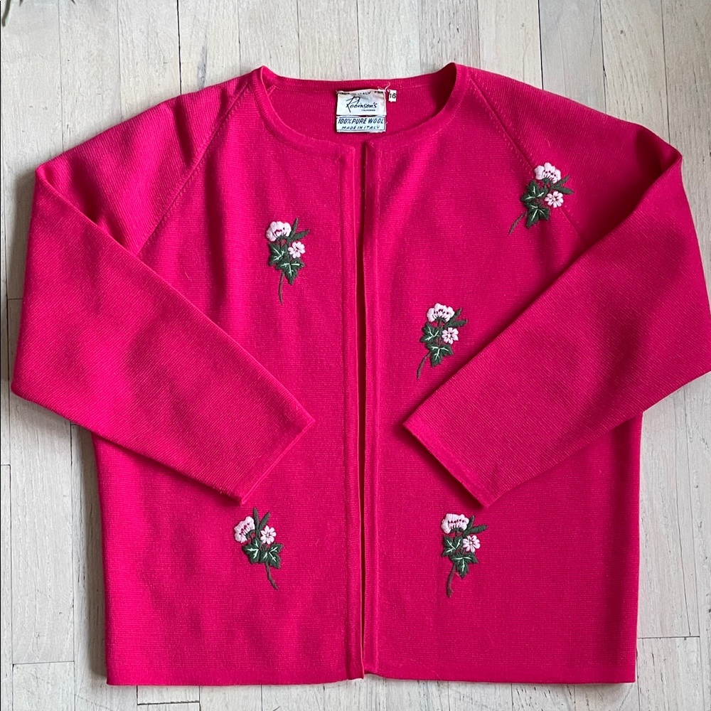 Vintage VTG Italian Wool Pink Cardigan Robinson’s California Floral Embroidery